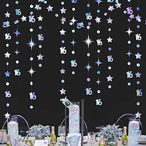 Image of Iridescent Number 16 Circle Dot Twinkle Star Garland Kit Metallic Hanging Streamer Bunting Banner Backdrop Decorations for Girls 16th Birthday Sweet Sixteen Wedding Anniversary Bridal Shower Party