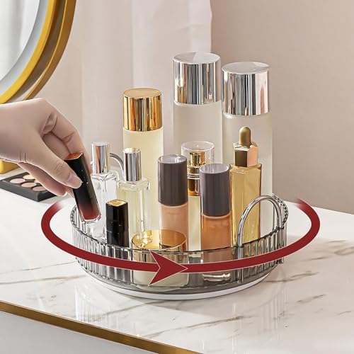 INVSSENE 360° Rotating Makeup Organizer, Bathroom Make Up Spinning Holder Rack, Large Capacity Cosmetics Storage Vanity Shelf Countertop, Fits Cosmetics, Perfume, Skincare, Lipsticks(1 Tier, Gray)