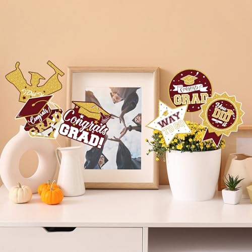 Image of 2026 Graduation Party Decorations - 24 Pcs Class of 2026 Congrats Grad Table Centerpieces Graduation Table Decorations Sticks Table Toppers for Graduation Party (Maroon Gold)