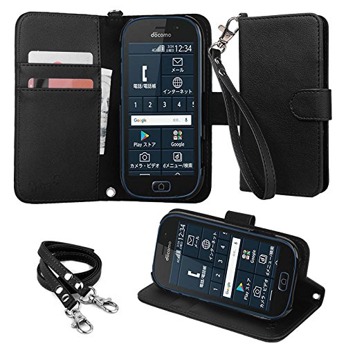 wisers らくらくスマートフォン me F-03K 対応 手帳型スマホケース (ブラック) ストラップ 2種付き (ハンドストラップ/ネックストラップ) 2018 新型