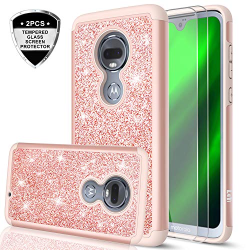 Moto G7 Case, Motorola G7 Case with Tempered Glass Screen Protector [2 Pack] for Girls Women, LeYi Glitter Bling Dual Layer Hybrid Shockproof Protective Phone Case for Motorola Moto G7 TP Rose Gold
