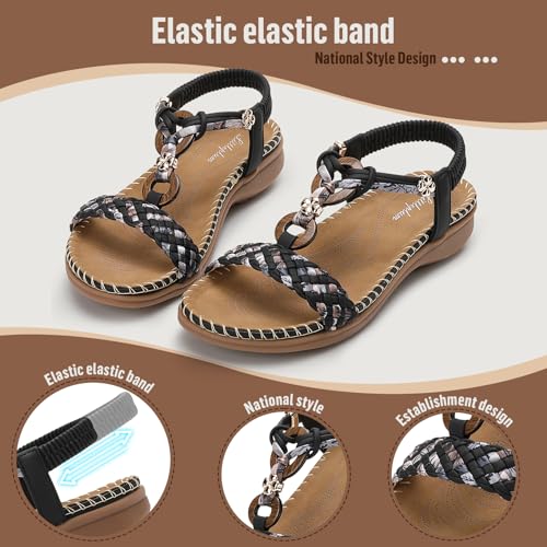 Image of Littleplum Women Sandals Arch Support Handmade Bohemian Braided Flat Sandals Comfort Walking Beach Ankle Elastic Summer Shoes