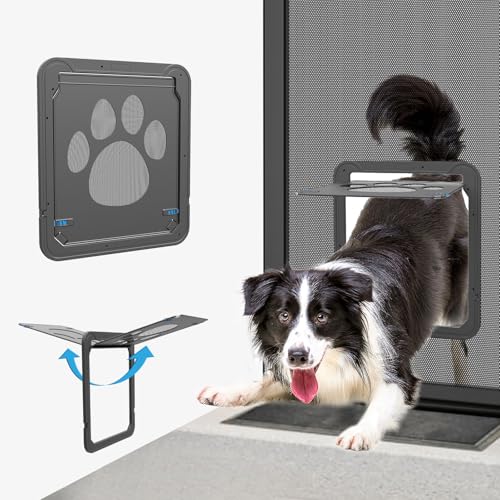 ENJOYING Hundeklappe für Fliegengitter, Große Katzenklappe Fliegengittertür mit Ersatz-Magnetklappe, Haustiertüren für Schiebetüren Fenstertür, Automatisch schließen, Verriegelbar, Schwarz