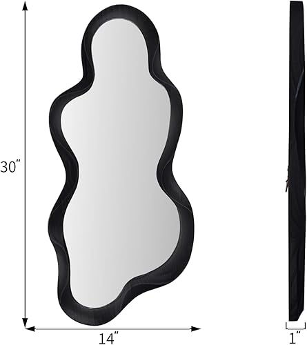 Miniatura 3 de Espejo de pared irregular de 30 x 14 pulgadas, espejo de pared con marco negro de madera asimétrico ondulado para sala de estar, dormitorio,
