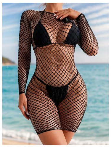 WDIRARA Women's Hollow Out Fishnet Cover Up Long Sleeve Sheer Mesh Beach Dress Coverups2