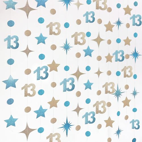 Image of Champagne Gold Blue 13th Birthday Decorations Number 13 Circle Dot Star Garland Streamer Banner Backdrop for Girls Boys Official Teenager Cheers to 13 Years Old Happy 13th Birthday Party Supplies
