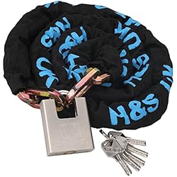 Cadena Cementada Para Bicicleta H&S Cadena y Candado de Alta Resistencia para Moto o Bicicleta - Cadena de Seguridad Antirrobo de 10 mm x 2 m + Candado con 5 LLaves
