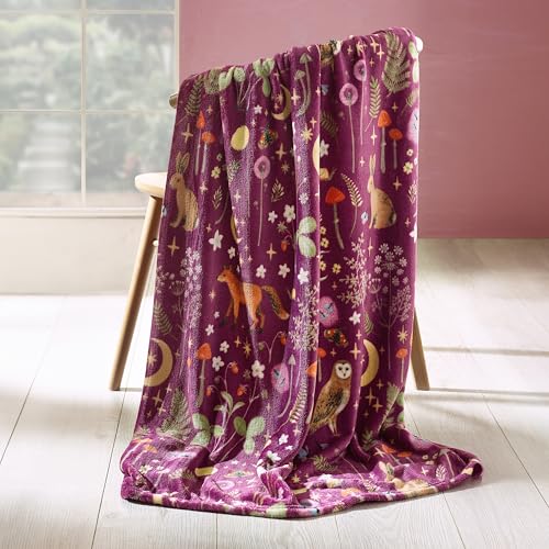Catherine Lansfield Couverture Polaire Douillette Motif Animaux du crépuscule enchanté 130 x 170 cm Prune