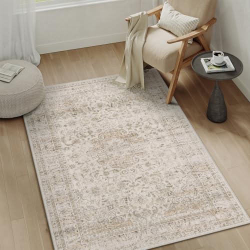 3x5 Washable Beige Vintage Area Rug for Entryway Non-Slip Low Pile Traditional Carpet Retro Distressed Soft Thin Door Mat Small Accent Throw Rug for Office Kitchen Bathroom Indoor Dorm