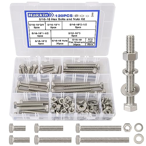 120PCS 5/16-18 Hex Bolts and Nuts Kit, Stainless Steel 5/16" Nuts and Bolts Assortment Kit, Flat &amp; Lock Spring Washers Set Screw Assortment Kit, Machine Screws Set with Storage Case