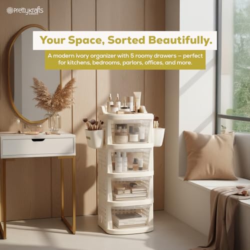 Image of PrettyKrafts 5 Tier Plastic Storage Drawer Cabinet with Wheels /Modular Storage Drawer Organizer with Side Basket & Integrated Handle /Plastic Storage Trolley Rack for Home /Kitchen /Office /Books