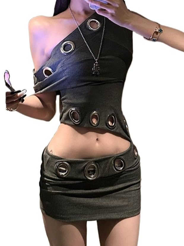 Punk Y2K Asymmetric Grommet Mini Dress Edgy Bodycon Dress Y2K Punk Grommets Streetwear Clothes
