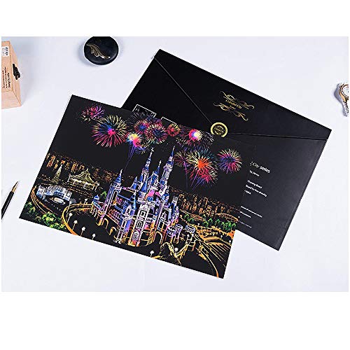 Scratch Painting Kits, Craft Art Set for Adults & Kids, Rainbow Sketch Painting Paper, Scratchboard, 16\'\' x 11.2\'\' - 5 Pack with 9 Tools(Amusement Park / Castle / Las Vegas / Sydney / Hot Air Balloon)
