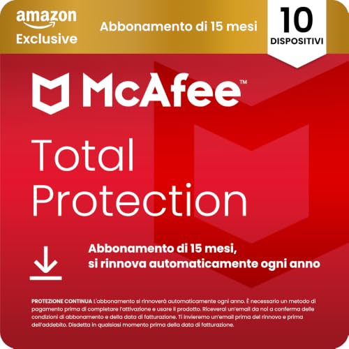 McAfee Total Protection - 10 Dispositiv 2026, 15 mesi, Esclusiva Amazon | Antivirus, VPN gestore delle password, software di sicurezza| Abbonamento con rinnovo automatico, Scarica