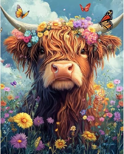 Image of MYBISYMQQ Highland Cow Cross Stitch Kits for Adults Beginners - 11CT Stamped Floral Cow & Butterfly Embroidery Kit, DIY Pre-Printed Needlepoint Patterns for Home Wall Art Decor, 15.7x11.8 Inches