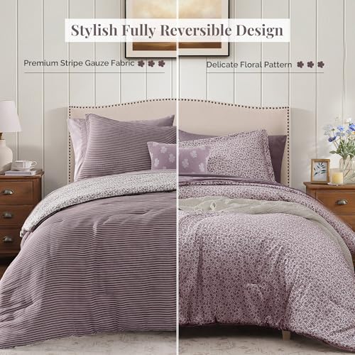 Image of BLOOMHAVEN Queen Comforter Set - 7 Pieces Deep Purple Bedding Sets for All Seasons, Lightweight Breathable Bed in a Bag Queen with Revesible Farmhouse Comforter, Sheets, Pillowcases & Shams