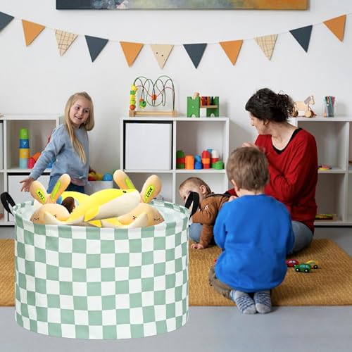 Image of MAIZMZ Sage Checkered Storage Basket Extra Large 80L Kids Hamper Baby Laundry Basket Waterproof Toys Car Organizer Collapsible Canvas for Home /Dorm /Pet /Office /Closet /Shelf /Gift Baskets