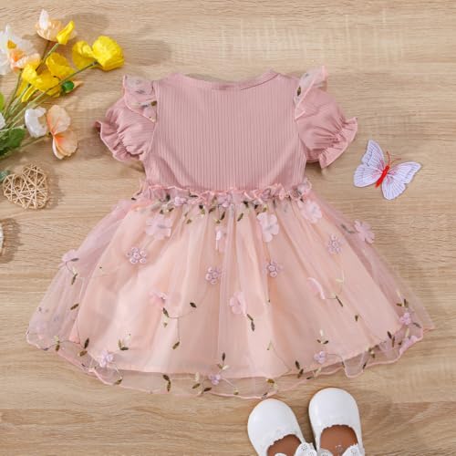 Infant Toddler Baby Girl Summer Dress Ruffle Short Sleeve Tulle Tutu Skirt Embroidery Flower Clothes for Party Beach Casual2