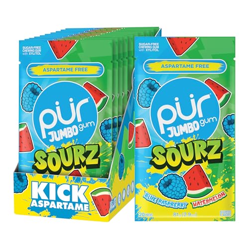 Image of PUR Jumbo Gum Sour Blue Raspberry, Watermelon Xylitol Gum 200 Count (10x20)