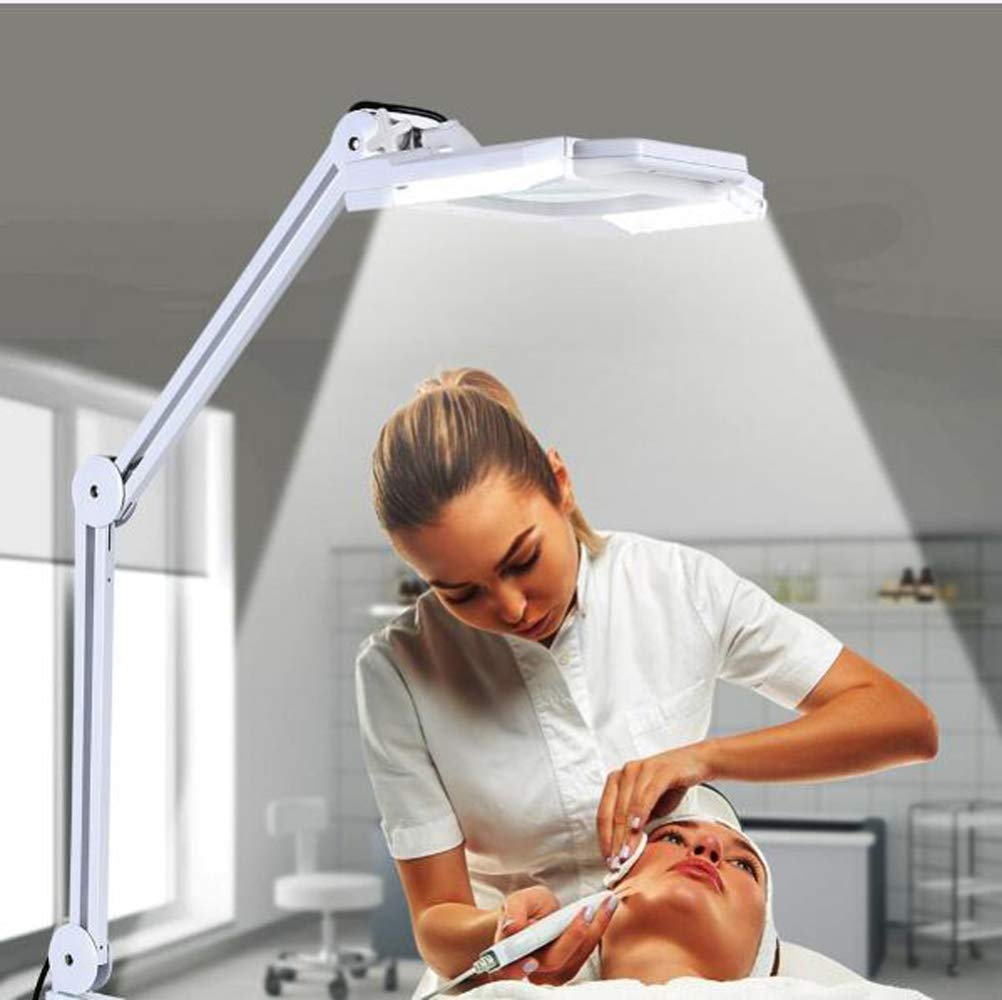 Lupa, 5X kwadratowa lupa LED Lampa z ruchomym stojakiem podłogowym Regulowane ramię obrotowe Lupa kosmetyczna Lampa do tatuażu Składany salon bezcieniowy Spa Paznokcie Skóra, bia(