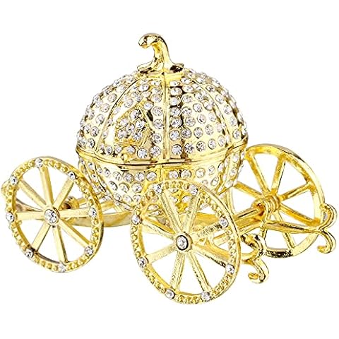 Hophen Pumpkin Carriage Decorative Rhinestones Hinged Jewelry Trinket Box Figurine Collectible Ornament Christmas Gift (Gold) Cover