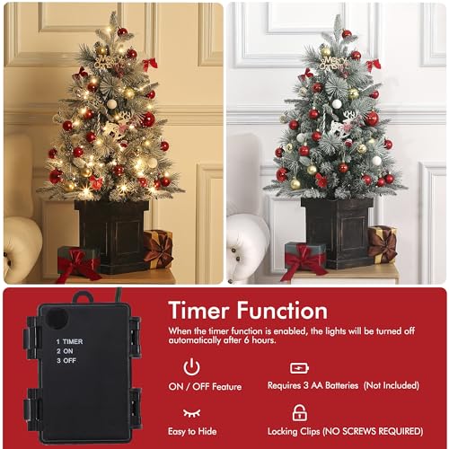 GarveeHome 3ft Small Christmas Tree 2 Set Pre-Lit Artificial Christmas Tree with 78 Led Lights, Snow Flocked Xmas Tree with Brown Base, Timer Function, Battery Operated, for Home Christmas Decor