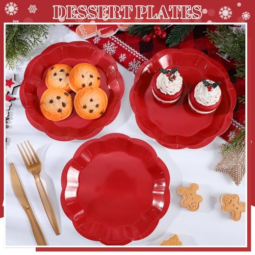 Image of NatNarr 30 Pcs Red Paper Plates 7 Inch Scalloped Dessert Plates Cake Plate | Red Party Plate Disposable for BBQ, Seafood Boil Party, Wedding, Birthday