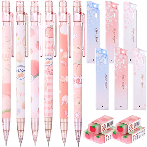 Uoeo Cute Mechanical Pencil Set for Kids- 6pcs Kawaii Juice Peach Mechanical Pencils with Erasers and 0.5mm Tubes Pencil Refills for Student Writing, Drawing, Sketching, Architecture, Pink