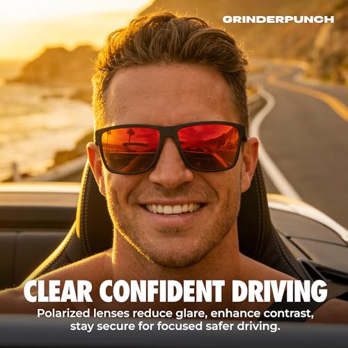 Image of grinderPUNCH Polarized Sunglasses for Men Lightweight TR90 Frame UV400 Protection Square Sun Glasses for Driving Fishing Golf (Red)