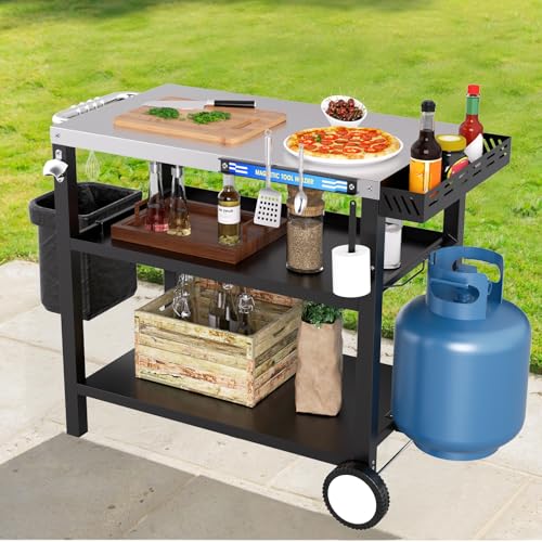 34\" L x 20\" W Stainless Steel Outdoor Grill Table, Grill Cart for Outside, Pizza Oven Table Stand with Magnetic Tool Holder, Wheels,Hooks, Side Tray &Handle