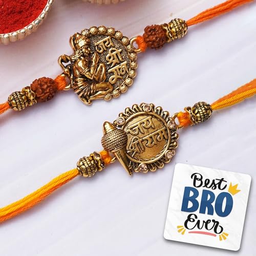 Image of eCraftIndia Set of 2 Jai Shri Ram with Mace and Lord Hanuman Religious Rakhis, Best Bro Ever Fridge Magnet with Roli Chawal Pack - Rakhis for Brother, Bhabhi, Kids