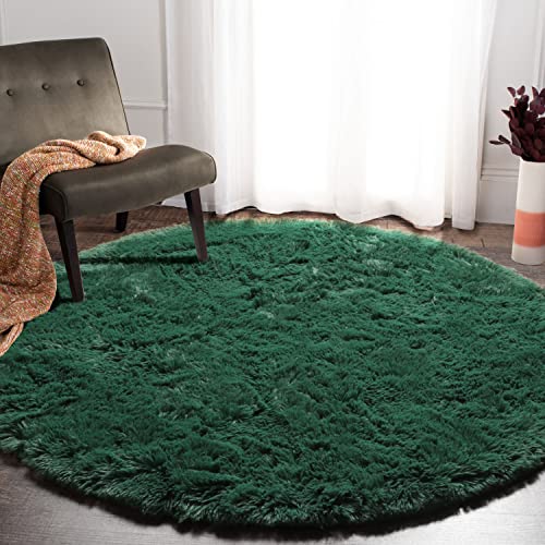 Image of ONASAR Deep Green Round Area Rug 4x4, Soft Bedroom Circle Rugs for Kids Girls Teen Room, Cute Furry Plush Shaggy Carpet for Baby Nursery Living Room Playroom Dorm Home Decor