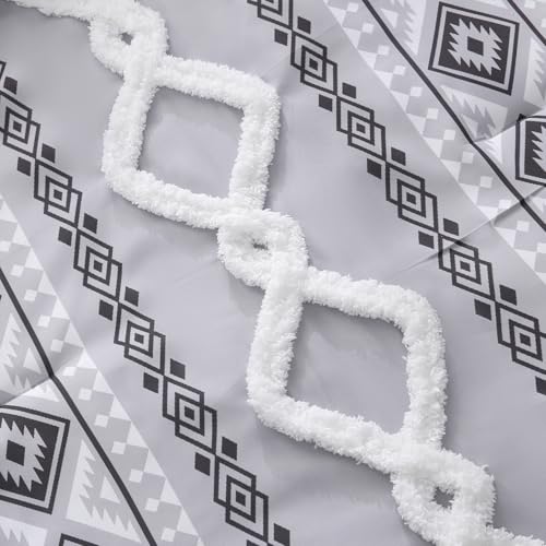 Image of MOVE OVER Gray Tufted Comforter Set Queen Size 7 Pieces Bed in A Bag Farmhouse Bedding Comforter Sets Boho Aztec Sheet Set and Comforter Set Modern Boho Tufted Bedding Set for All Seasons