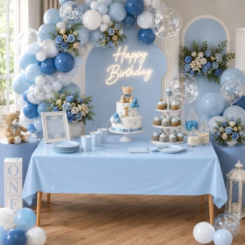 Image of Blue Orchards Light Blue Plastic Table Cover (Pack of 3 with 20 Glue dots) - 54 inch x 108 inch - Waterproof & Disposable Tablecloth Sky Blue Party Decoration for Baby Shower, Birhday Party Supplies, Wedding