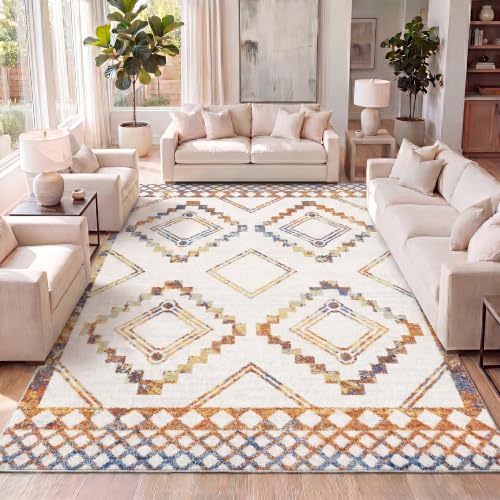 JONATHAN Y Amir Moroccan Beni Souk Ivory/Blue/Orange Indoor Area Rug, 8x10, Bohemian, Scandinavian, Easy-Cleaning for Living Room, Bedroom, Kitchen, Pet Friendly, Non-Shedding (MOH200E-8)