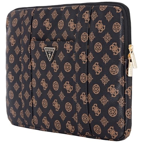 Image of Guess 14-Inch Laptop Sleeve Case Official Licensed by CG Mobile | Elegant Peony Pattern, PU Leather with Front Pocket & Triangle Metal Logo | Stylish Protective Laptop /MacBook Bag for Men & Women