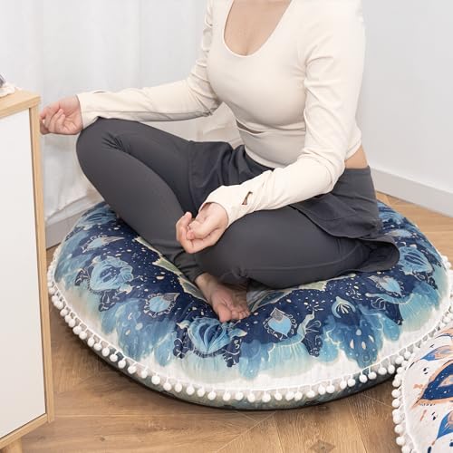 DAWNYIELD Meditationskissen für den Boden, Runde Sitzkissen mit waschbarem und abnehmbarem Bezug, 80 cm Großes Ergonomisches Yogakissen mit Pompon-Dekor, Für Innen- und Außenbereich, grün