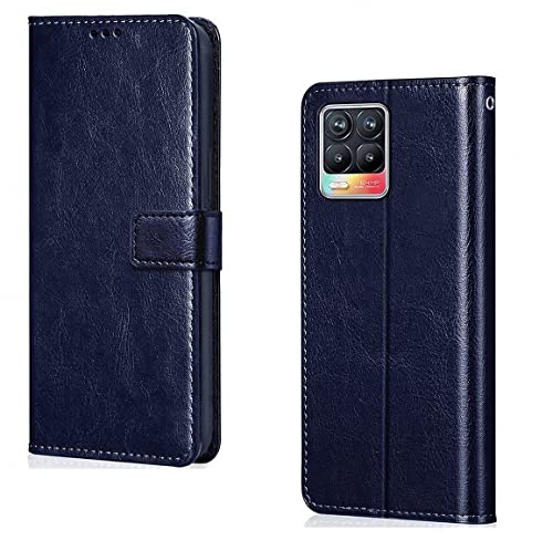 Image of COVERNEW Vintage Leather Flip Cover for Realme RMX3085 /Realme 8 / 8PRO - Attractive Blue