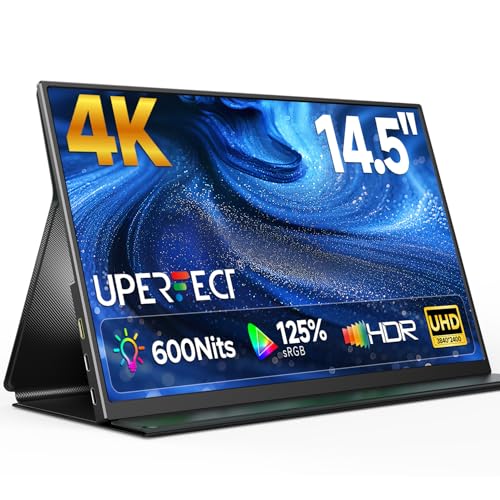 UPERFECT Portable Monitor 4K 14.5' 3840x2400 Tragbarer Monitor mit Smart Cover, 125% sRGB 600Nits 2000:1 Kontrast 16:10 Matt, Ultra-Dünner Metall Zweitbildschirm für Laptop/PC/Smartphone/Spielkonsole