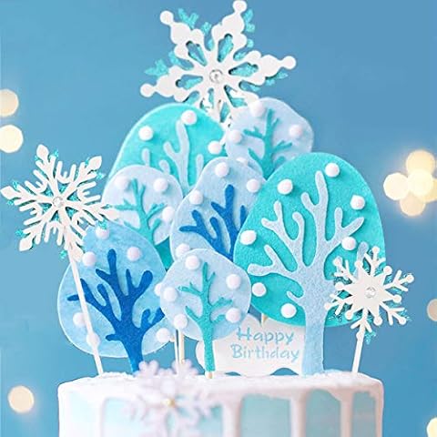 Frozen Woodland Snow Trees and Glittery Snowflake Cake Toppers, Handmade Frozen Winter Theme Cake Decorations for Christmas, Birthday, Baby Shower Party, Kids Birthday Party Supplies Cover