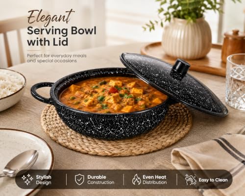 Image of Melvio By Malti Black Granite 1 Piece Serving Bowl with Lid | Melamine Dinnerware Set, Premium Dinner Set Crockery Plates Bowls Tableware for Home Dining Kitchen