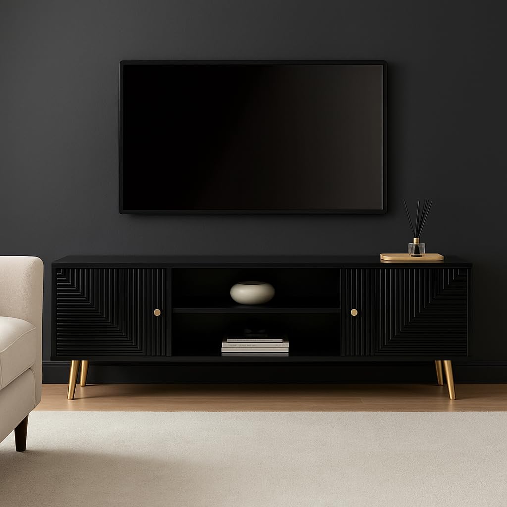 Wooden TV Unit for Living Room | Media Console Movable TV Cabinet | Free Standing Tv Unit with 2 Door & 2 Shelf Storage | Sideboard Cabinet | HDMR Premium Wood & Iron (Black)-image-46