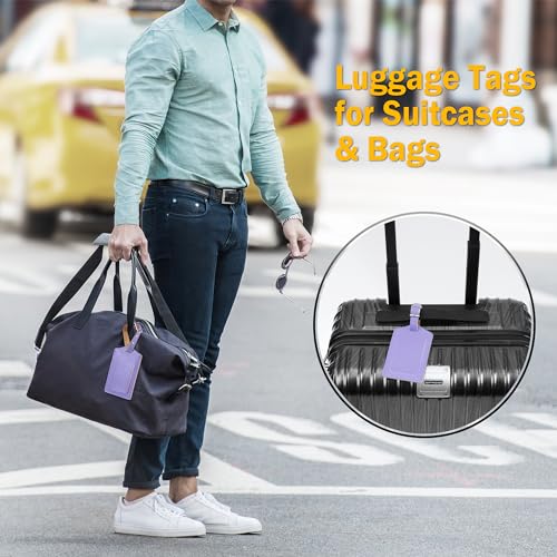 Image of Travelambo Luggage Tags for Suitcases PU Leather Travel Tags Bag Tags Privacy Protection Travel Essentials, Purple, One Size, Vibrant