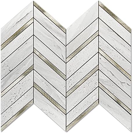 Art3d 10-Sheet Herringbone Peel and Stick Backsplash, Self Adhesive Marble Tiles Stick on Wall Tiles for Kitchen, Bathroom.(Stone Beige Mixed Gold Metal)