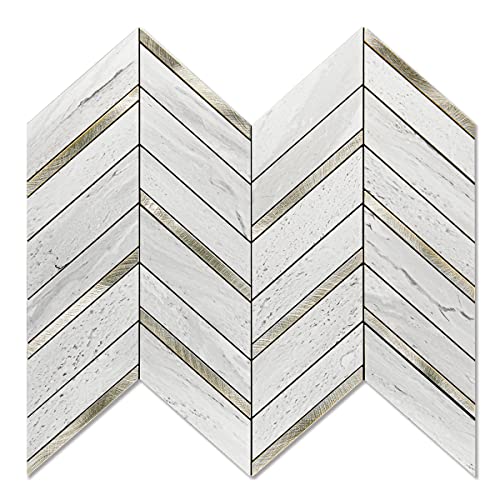 Art3D 10-Sheet Herringbone Peel And Stick Backsplash, Self Adhesive Marble Tiles Stick On Wall Tiles For Kitchen, Bathroom.(Stone Beige Mixed Gold Metal) #TOP3