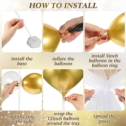 Image of BBTO 8 Set Gold and White Table Centerpieces Balloons Stand Kit, Latex Balloons and Table Stand Holder with Base Tulle for Wedding Birthday Grad Prom Centerpieces Party Back to School Baby Shower