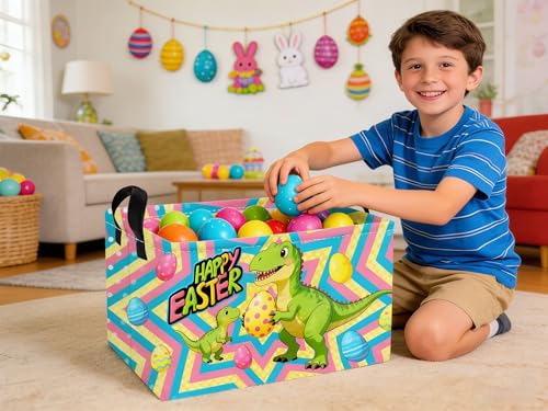 Image of Essme Rectangular Easter Dinosaur Baskets,Kids Storage Basket with Handles for Boys Room Decor, Boys Box,Cute Storage Bin(Easter dinosaur)