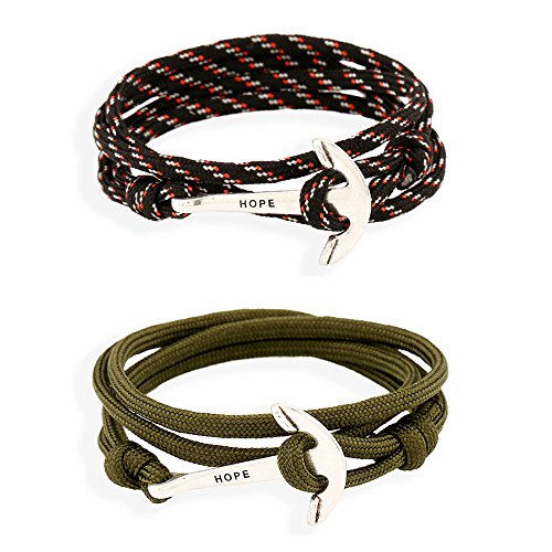 Preisvergleich Produktbild Belons Unisex Herren Jungen "HOPE" Hoffnung Anker Wickelarmband Legierung Geflochten Nylonseil Charm Armband Armreifen, Schwarz Grün(2 Stücke)