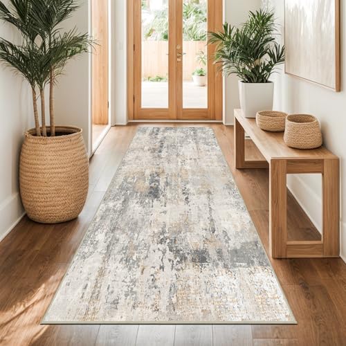 Capslpad Graugold Abstrakter Teppich 80x200cm Flurläufer, Waschbarer Küchenläufer, Rutschfester Kurzflor, Modern Minimalistischer Kunstwolle Teppich für Wohnzimmer und Schlafzimmer