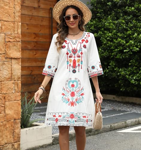 Image of Higustar Mexican Embroidered Dress Summer Cotton Bohemian Flower Peasant Traditional Mexico Fiesta Boho Dresses for Women